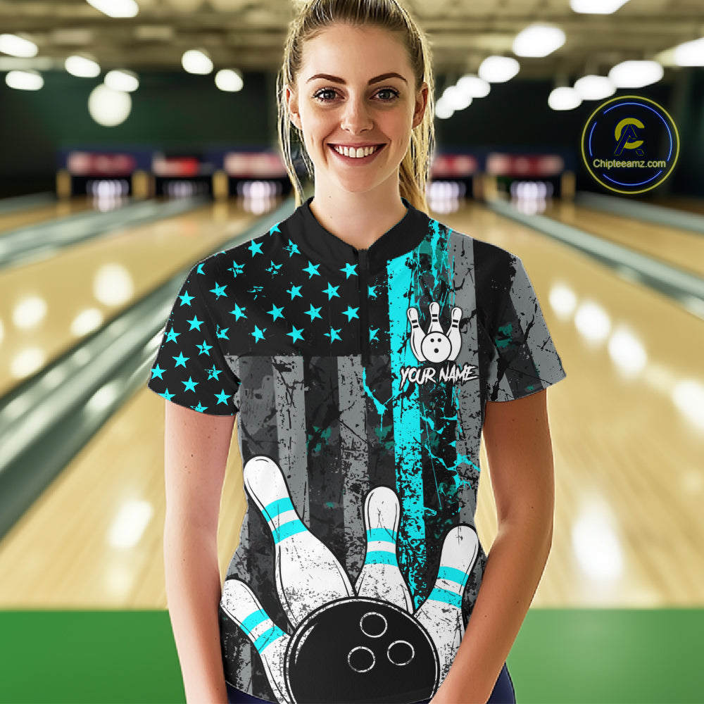 Turquoise Grunge American Flag Bowling Shirts for Women Custom Patriotic Bowling League Team Jersey TDM7472