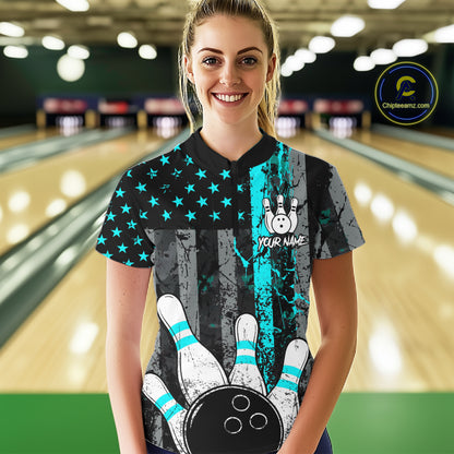 Turquoise Grunge American Flag Bowling Shirts for Women Custom Patriotic Bowling League Team Jersey TDM7472