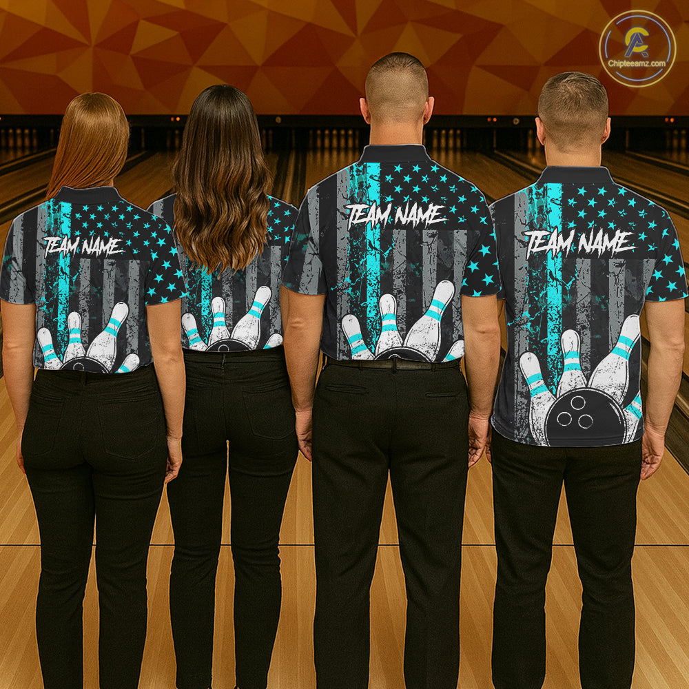 Turquoise Grunge American Flag Bowling Shirts for Men Custom Patriotic Bowling League Team Jersey TDM7472