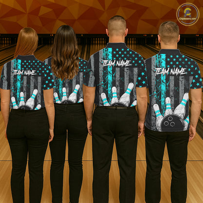 Turquoise Grunge American Flag Bowling Shirts for Men Custom Patriotic Bowling League Team Jersey TDM7472