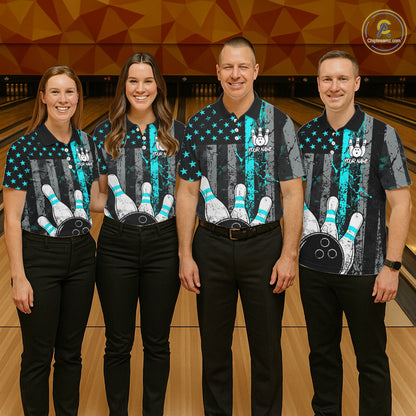 Turquoise Grunge American Flag Bowling Shirts for Men Custom Patriotic Bowling League Team Jersey TDM7472