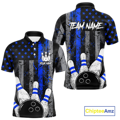 Blue Grunge American Flag Bowling Shirts for Men Custom Patriotic Bowling League Team Jersey TDM7473