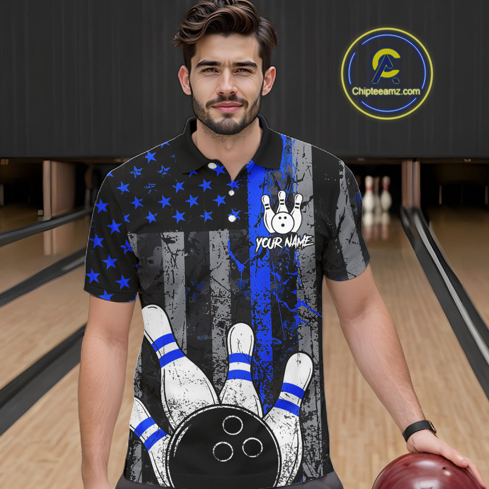 Blue Grunge American Flag Bowling Shirts for Men Custom Patriotic Bowling League Team Jersey TDM7473