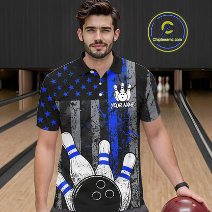 Blue Grunge American Flag Bowling Shirts for Men Custom Patriotic Bowling League Team Jersey TDM7473