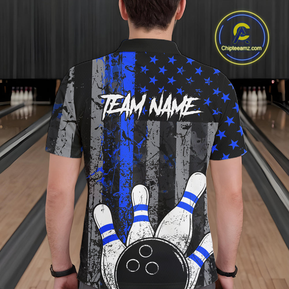 Blue Grunge American Flag Bowling Shirts for Men Custom Patriotic Bowling League Team Jersey TDM7473