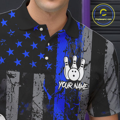 Blue Grunge American Flag Bowling Shirts for Men Custom Patriotic Bowling League Team Jersey TDM7473