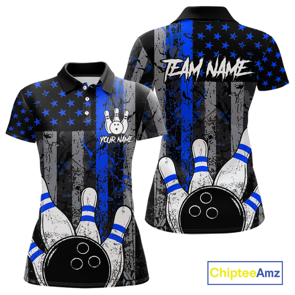 Blue Grunge American Flag Bowling Shirts for Women Custom Patriotic Bowling League Team Jersey TDM7473