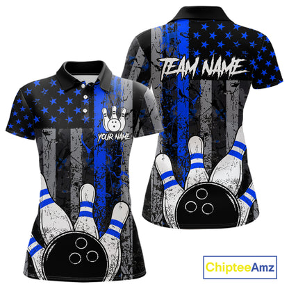 Blue Grunge American Flag Bowling Shirts for Women Custom Patriotic Bowling League Team Jersey TDM7473
