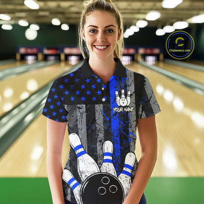 Blue Grunge American Flag Bowling Shirts for Women Custom Patriotic Bowling League Team Jersey TDM7473