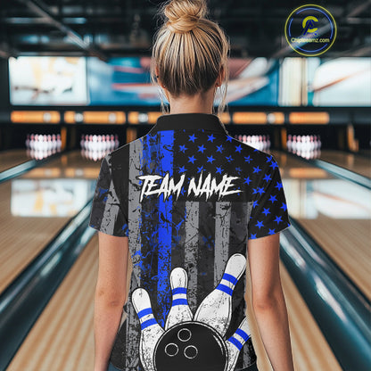Blue Grunge American Flag Bowling Shirts for Women Custom Patriotic Bowling League Team Jersey TDM7473