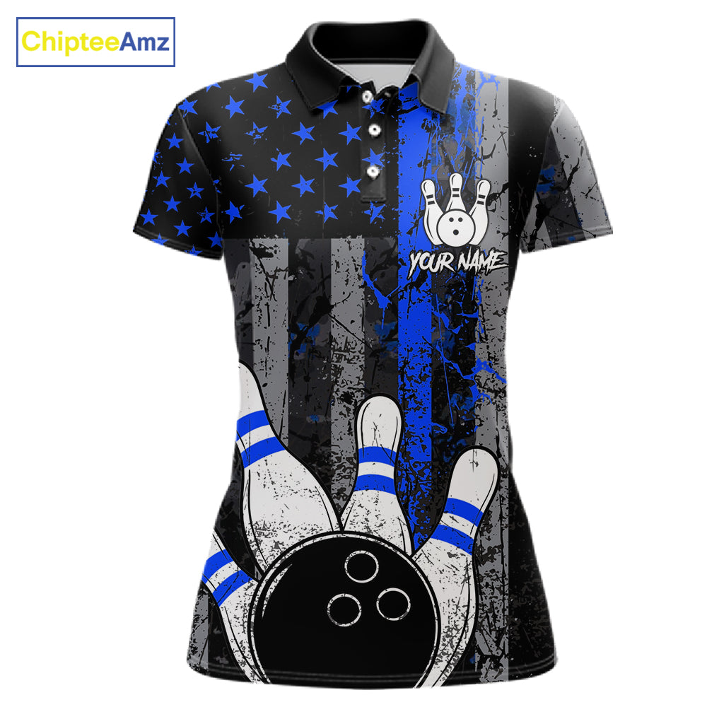 Blue Grunge American Flag Bowling Shirts for Women Custom Patriotic Bowling League Team Jersey TDM7473