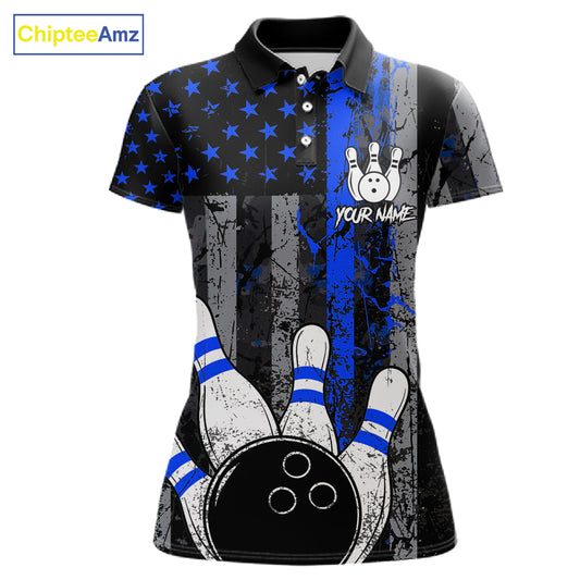 Blue Grunge American Flag Bowling Shirts for Women Custom Patriotic Bowling League Team Jersey TDM7473