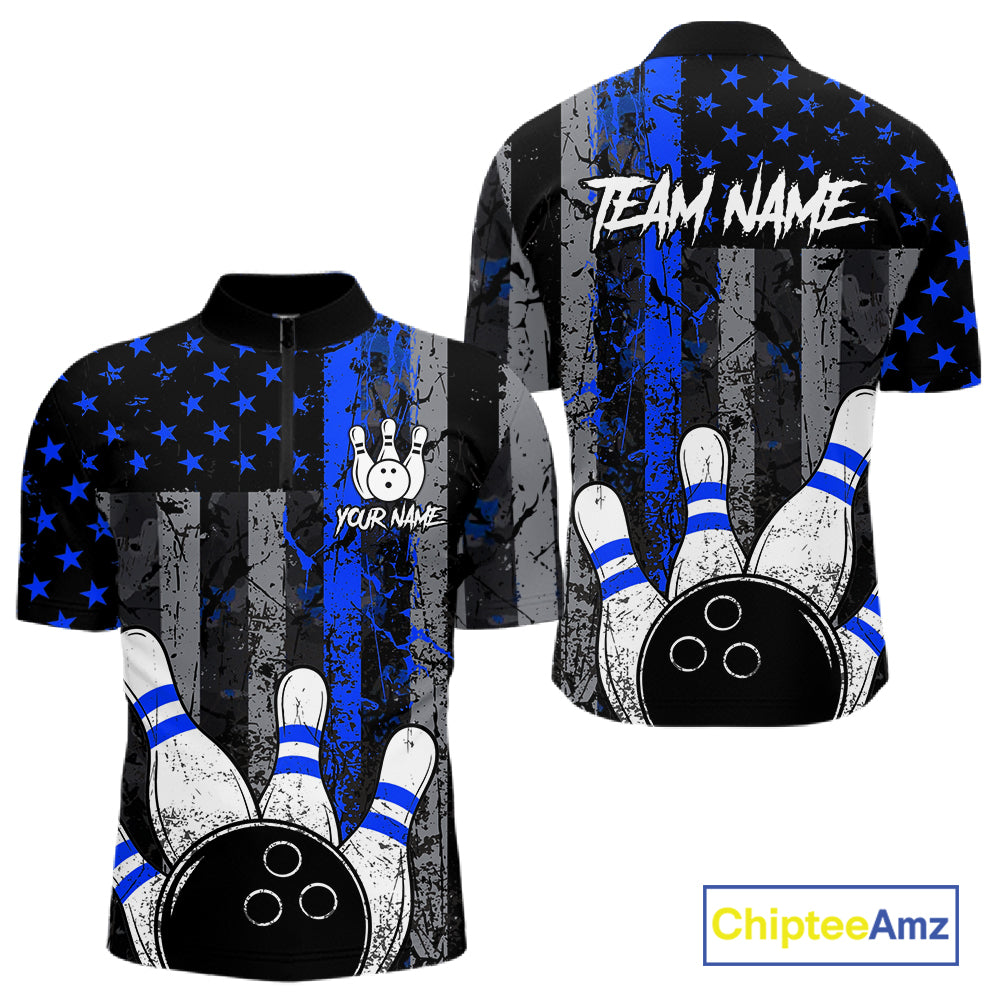 Blue Grunge American Flag Bowling Shirts for Men Custom Patriotic Bowling League Team Jersey TDM7473