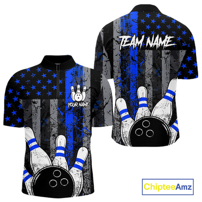 Blue Grunge American Flag Bowling Shirts for Men Custom Patriotic Bowling League Team Jersey TDM7473