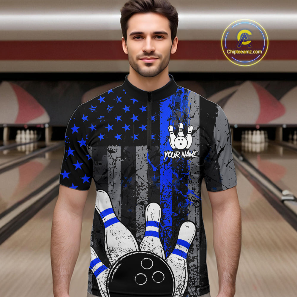 Blue Grunge American Flag Bowling Shirts for Men Custom Patriotic Bowling League Team Jersey TDM7473