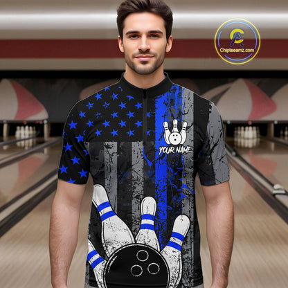 Blue Grunge American Flag Bowling Shirts for Men Custom Patriotic Bowling League Team Jersey TDM7473