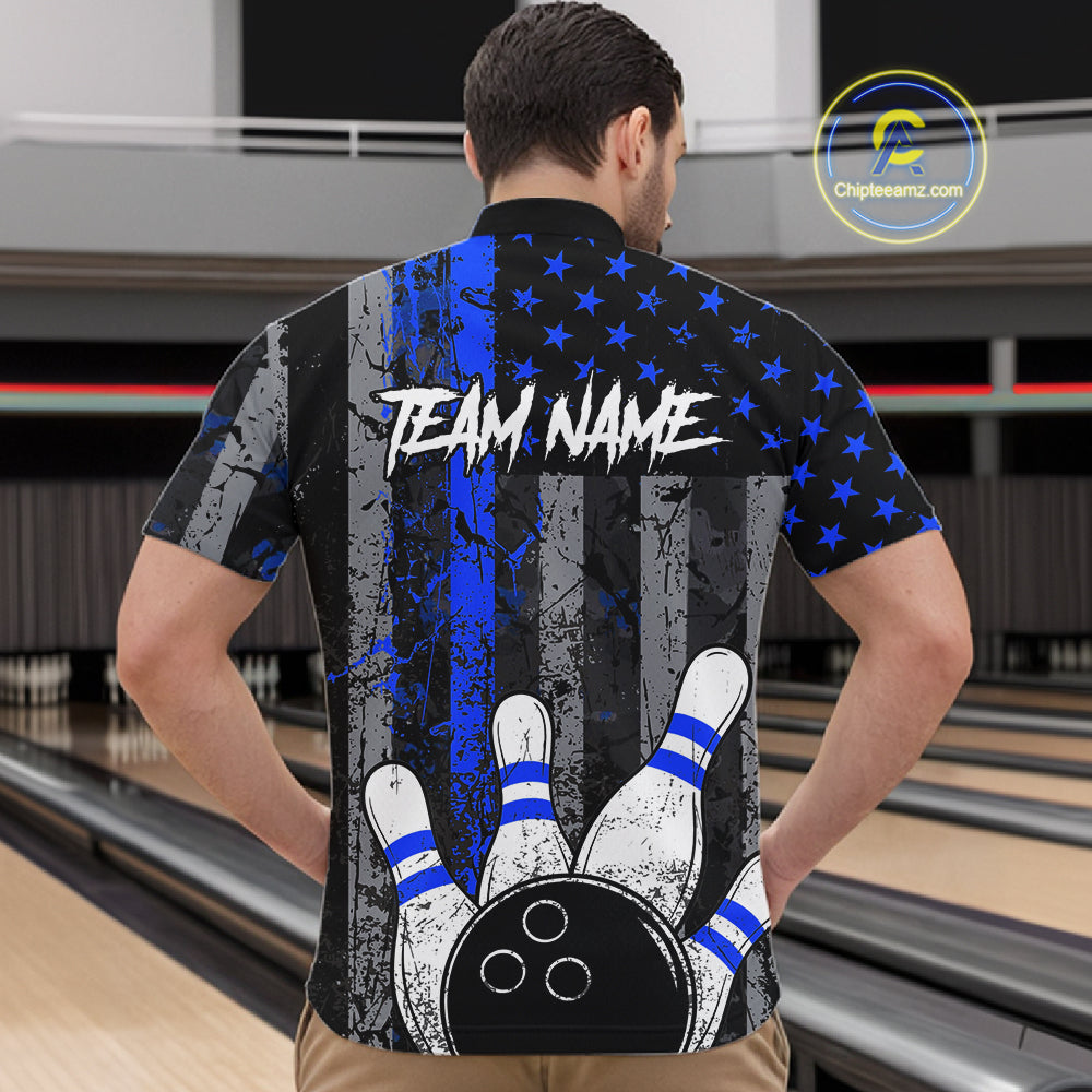 Blue Grunge American Flag Bowling Shirts for Men Custom Patriotic Bowling League Team Jersey TDM7473