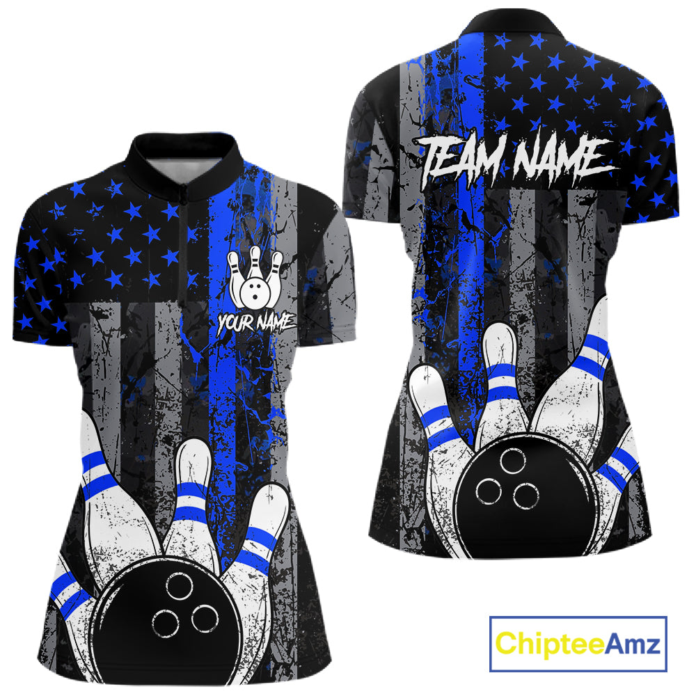 Blue Grunge American Flag Bowling Shirts for Women Custom Patriotic Bowling League Team Jersey TDM7473