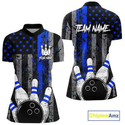 Blue Grunge American Flag Bowling Shirts for Women Custom Patriotic Bowling League Team Jersey TDM7473