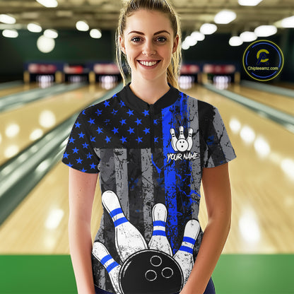 Blue Grunge American Flag Bowling Shirts for Women Custom Patriotic Bowling League Team Jersey TDM7473