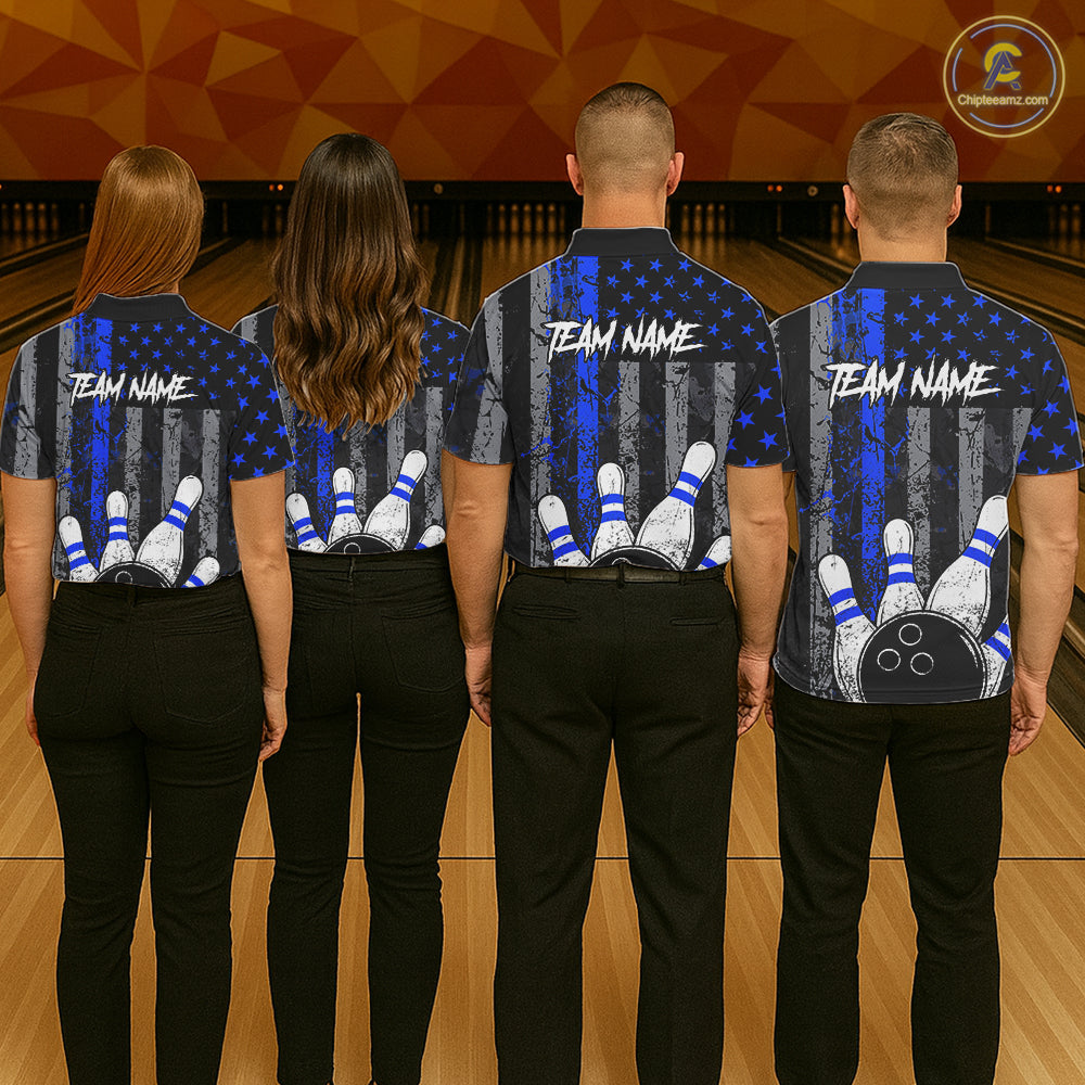 Blue Grunge American Flag Bowling Shirts for Men Custom Patriotic Bowling League Team Jersey TDM7473