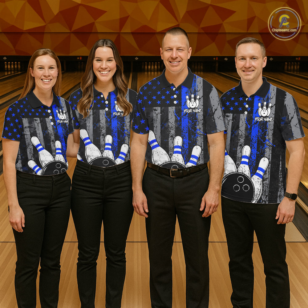 Blue Grunge American Flag Bowling Shirts for Men Custom Patriotic Bowling League Team Jersey TDM7473