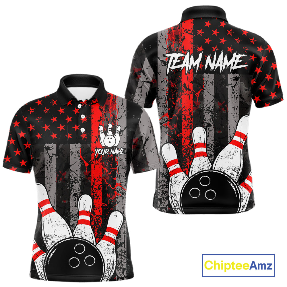 Red Grunge American Flag Bowling Shirts for Men Custom Patriotic Bowling League Team Jersey TDM7474