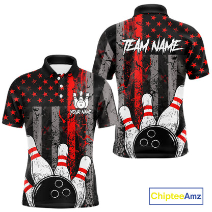 Red Grunge American Flag Bowling Shirts for Men Custom Patriotic Bowling League Team Jersey TDM7474