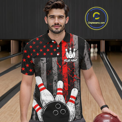 Red Grunge American Flag Bowling Shirts for Men Custom Patriotic Bowling League Team Jersey TDM7474