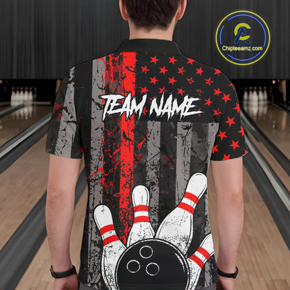 Red Grunge American Flag Bowling Shirts for Men Custom Patriotic Bowling League Team Jersey TDM7474
