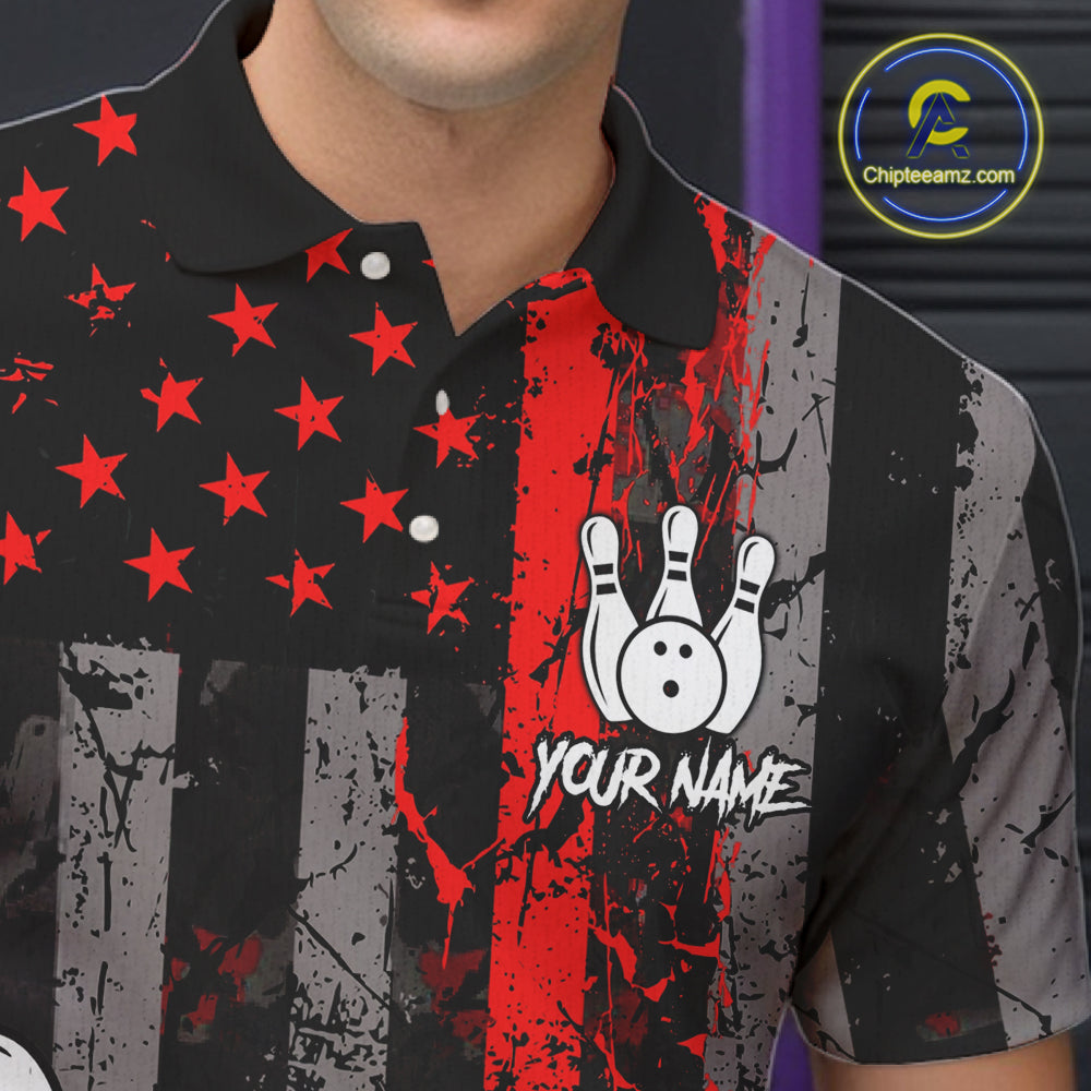 Red Grunge American Flag Bowling Shirts for Men Custom Patriotic Bowling League Team Jersey TDM7474