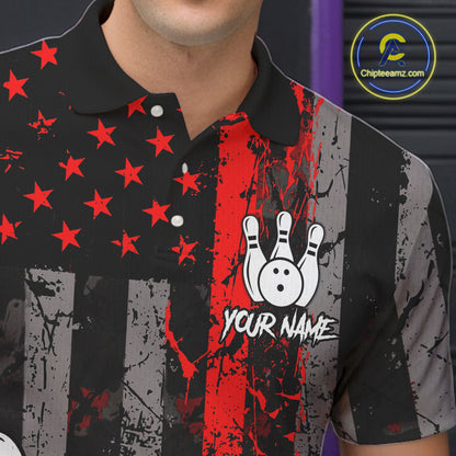 Red Grunge American Flag Bowling Shirts for Men Custom Patriotic Bowling League Team Jersey TDM7474