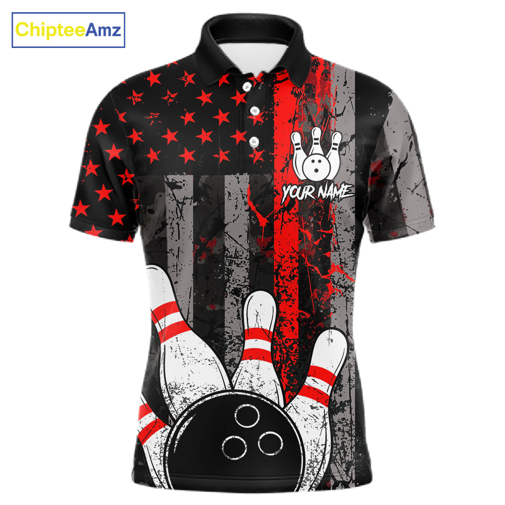 Red Grunge American Flag Bowling Shirts for Men Custom Patriotic Bowling League Team Jersey TDM7474
