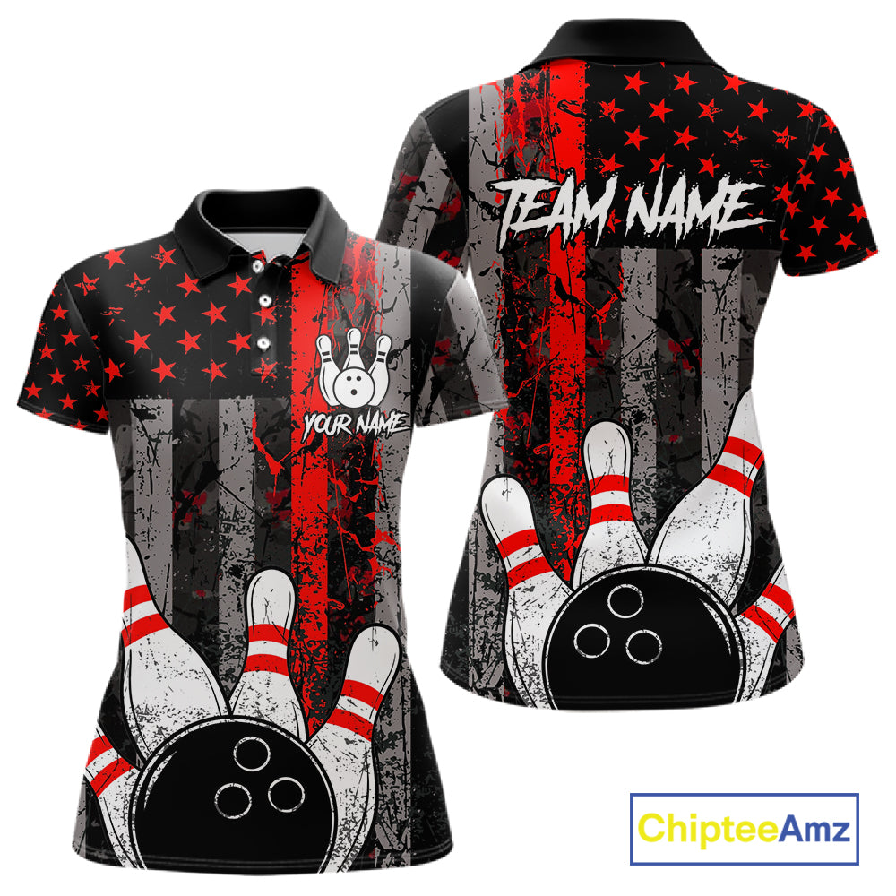 Red Grunge American Flag Bowling Shirts for Women Custom Patriotic Bowling League Team Jersey TDM7474