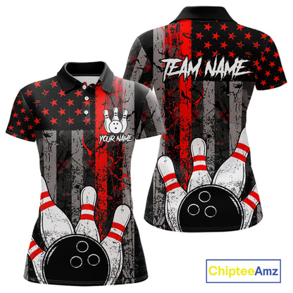 Red Grunge American Flag Bowling Shirts for Women Custom Patriotic Bowling League Team Jersey TDM7474