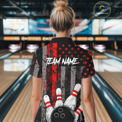 Red Grunge American Flag Bowling Shirts for Women Custom Patriotic Bowling League Team Jersey TDM7474