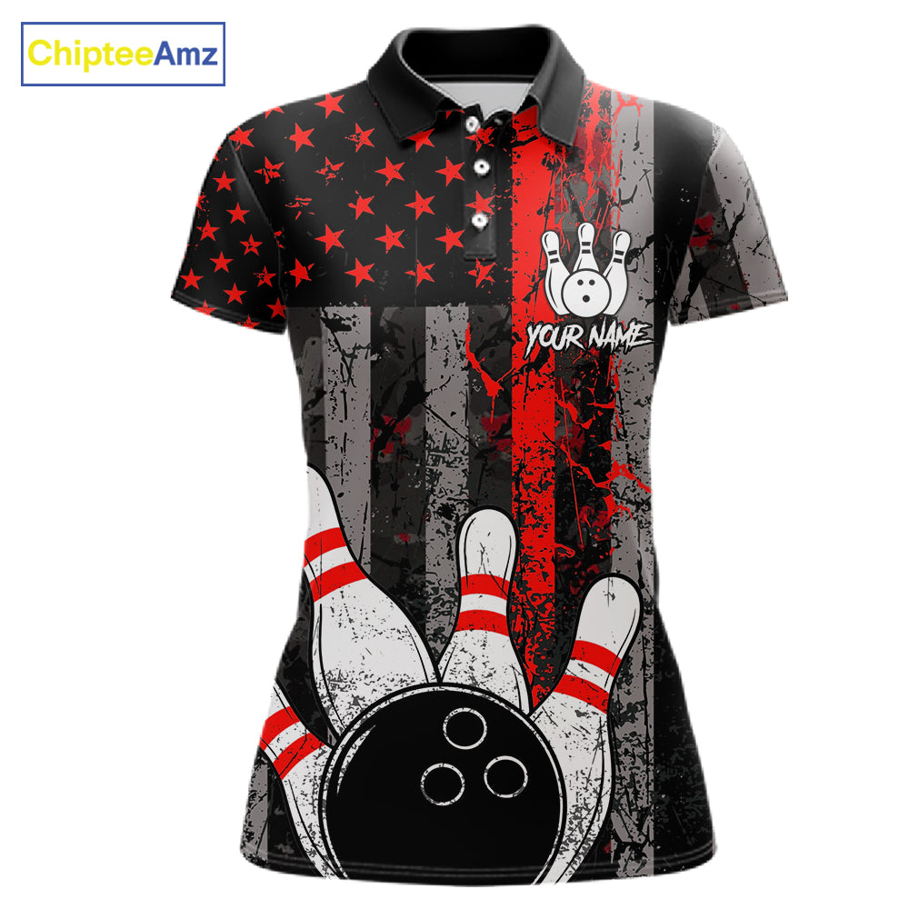 Red Grunge American Flag Bowling Shirts for Women Custom Patriotic Bowling League Team Jersey TDM7474
