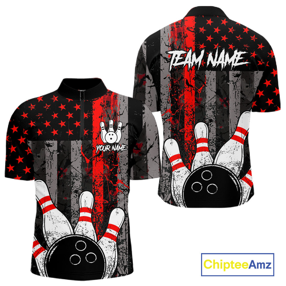 Red Grunge American Flag Bowling Shirts for Men Custom Patriotic Bowling League Team Jersey TDM7474
