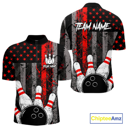 Red Grunge American Flag Bowling Shirts for Men Custom Patriotic Bowling League Team Jersey TDM7474