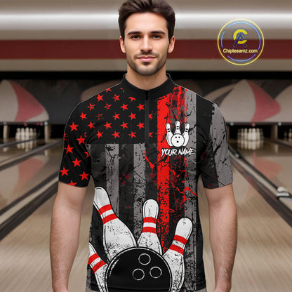 Red Grunge American Flag Bowling Shirts for Men Custom Patriotic Bowling League Team Jersey TDM7474