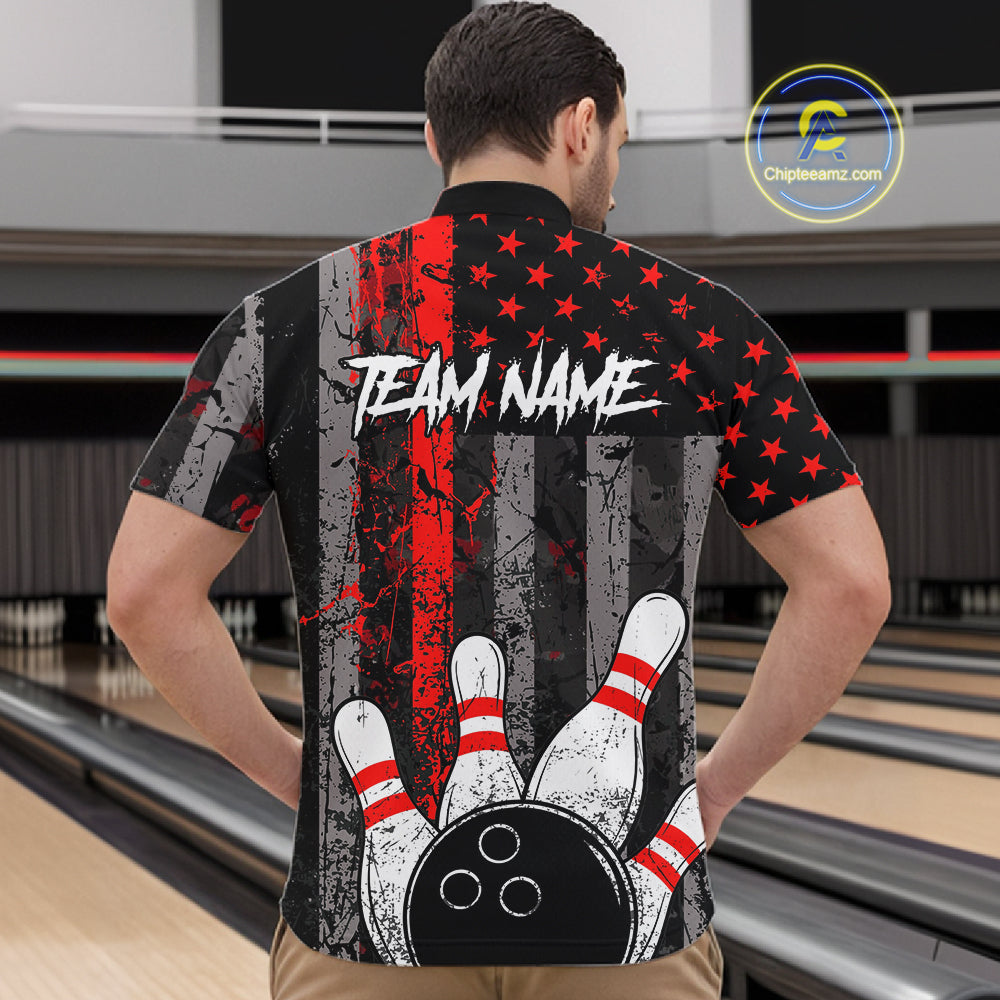 Red Grunge American Flag Bowling Shirts for Men Custom Patriotic Bowling League Team Jersey TDM7474