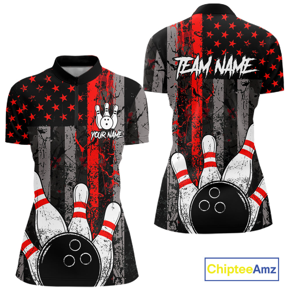 Red Grunge American Flag Bowling Shirts for Women Custom Patriotic Bowling League Team Jersey TDM7474