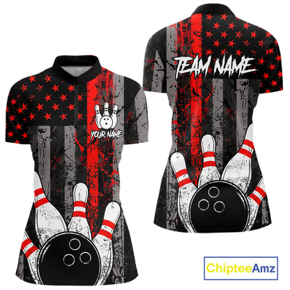 Red Grunge American Flag Bowling Shirts for Women Custom Patriotic Bowling League Team Jersey TDM7474