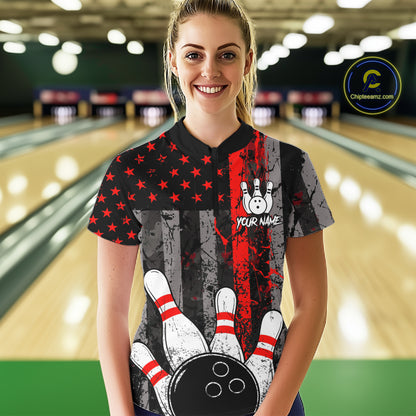 Red Grunge American Flag Bowling Shirts for Women Custom Patriotic Bowling League Team Jersey TDM7474