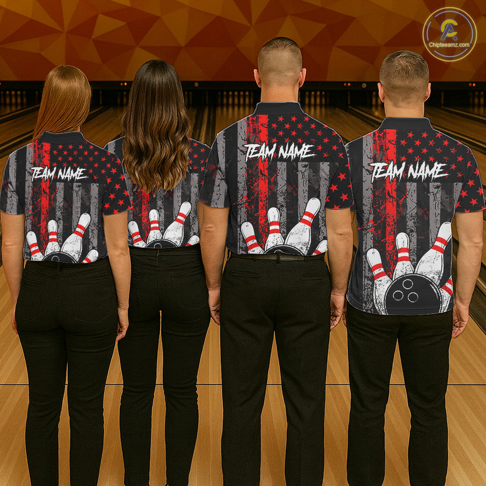 Red Grunge American Flag Bowling Shirts for Men Custom Patriotic Bowling League Team Jersey TDM7474