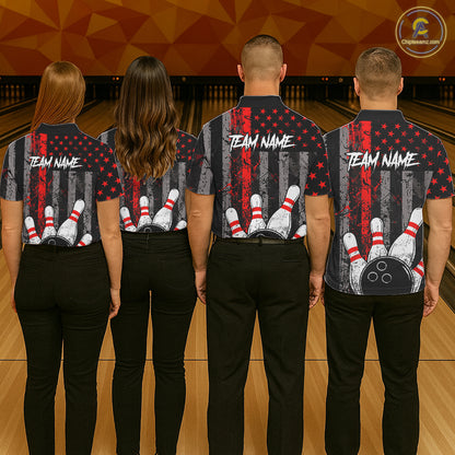 Red Grunge American Flag Bowling Shirts for Men Custom Patriotic Bowling League Team Jersey TDM7474