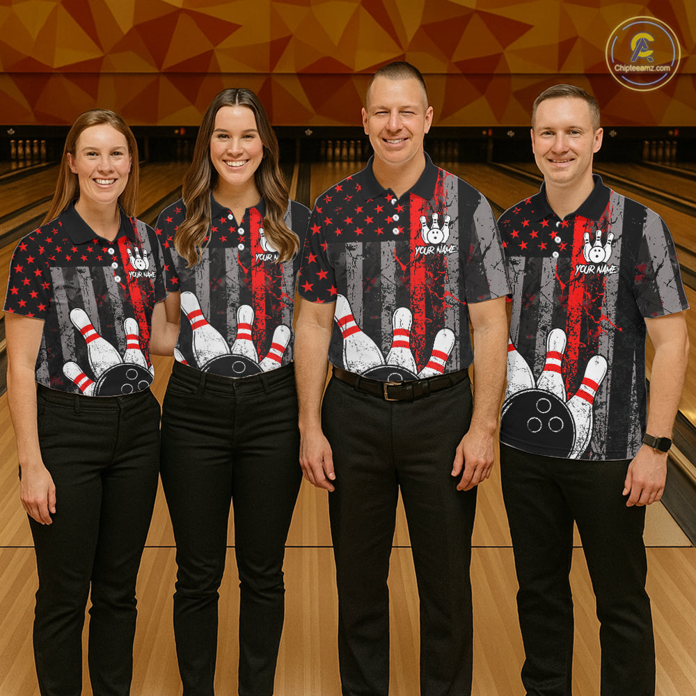 Red Grunge American Flag Bowling Shirts for Men Custom Patriotic Bowling League Team Jersey TDM7474