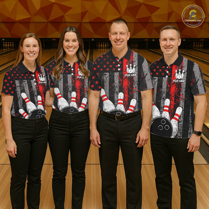 Red Grunge American Flag Bowling Shirts for Men Custom Patriotic Bowling League Team Jersey TDM7474