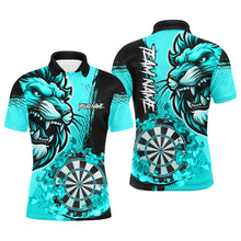 Load image into Gallery viewer, Turquoise Funny Darts Flame Lion Custom Polo &amp; 1/4 Zip, Personalized Men Dart Shirts Dart Jerseys TDM2958