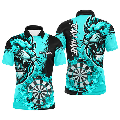 Turquoise Funny Darts Flame Lion Custom Polo & 1/4 Zip, Personalized Men Dart Shirts Dart Jerseys TDM2958